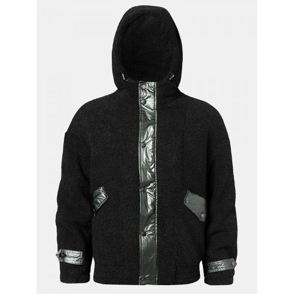 Mens Patchwork Fluffy Double Pocket Warm Lining Hoodie Jacket