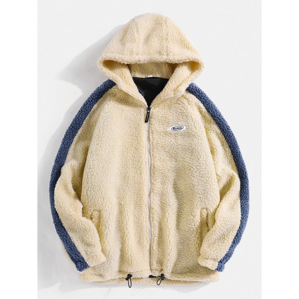 Mens Solid Color Zipper Shearling Warm Hooded Jackets