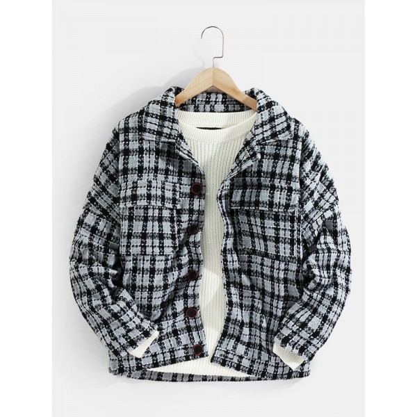 Mens Plaid Double Pockets Woolen Thick Button Lapel Casual Jacket