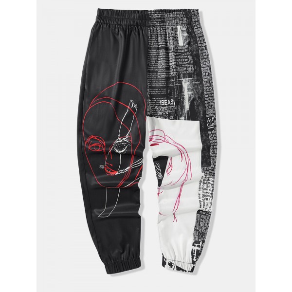 Mens Abstract Face Letter Print Patchwork Elastic Waist Loose Pants