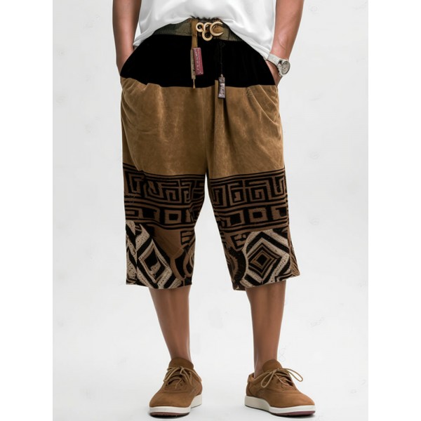 Mens Ethnic Geometric Pattern Color Block Patchwork Cropped Pants