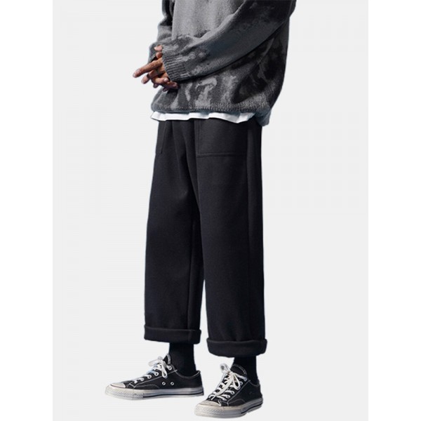 Mens Pure Color Double Pocket Casual Drawstring Straight Pants