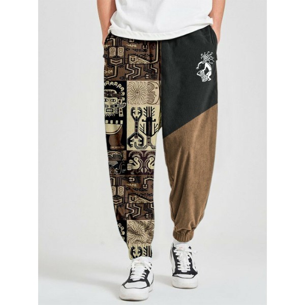 Mens Ethnic Tribal Pattern Color Block Patchwork Corduroy Pants