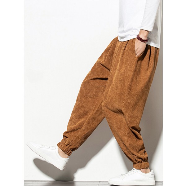 Mskufo Design Mens Corduroy Solid Color Drawstring Mid Waist Elastic Cuff Jogger Pants