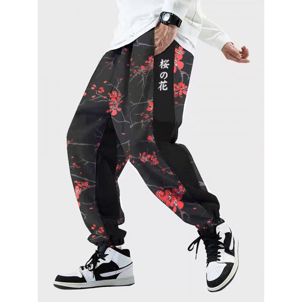 Mens Japanese Cherry Blossoms Print Side Stripe Sweatpants