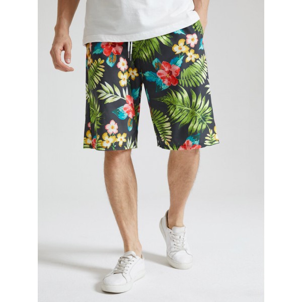 Mens All Over Flower Leaf Print Holiday Drawstring Shorts