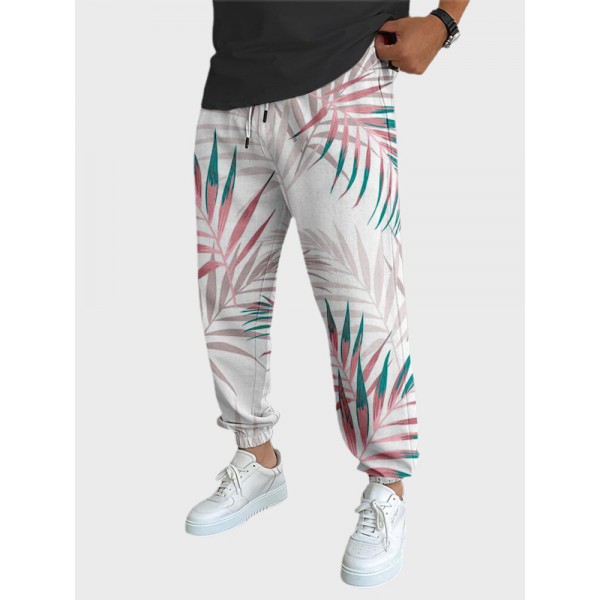 Mens Tropical Leaf Print Drawstring Waist Loose Sweatpants