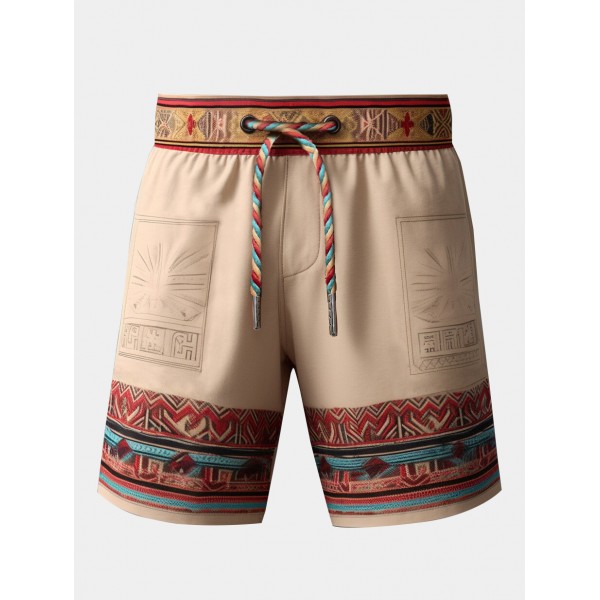 Mens Ethnic Totem Print Patchwork Drawstring Waist Shorts