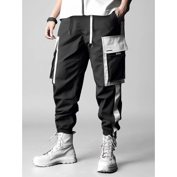 Mens Side Stripe Patchwork Loose Drawstring Waist Cargo Pants