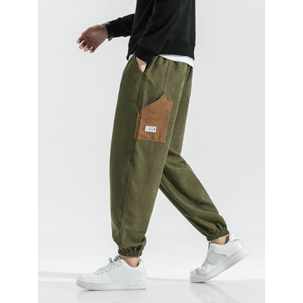 Mens Contrast Pocket Elastic Cuff Casual Corduroy Pants