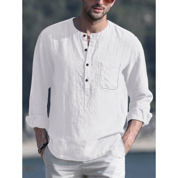 Mens Linen Chest Pocket Causal Loose Long Sleeve Henley Shirt