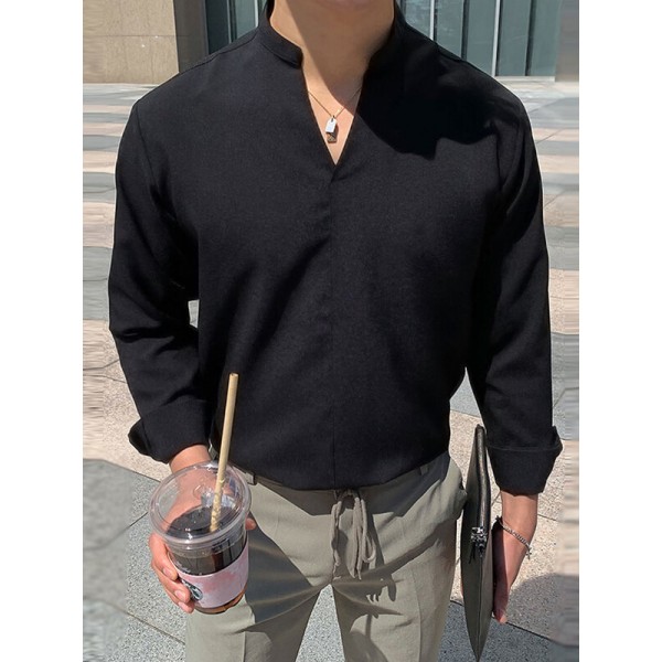 Men Solid Color Stand Collar Long Sleeve Shirt