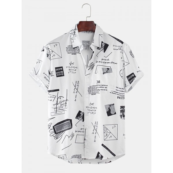 Mens Funny Abstract Cartoon Slogan Chest Pocket Short Sleeve Shirts