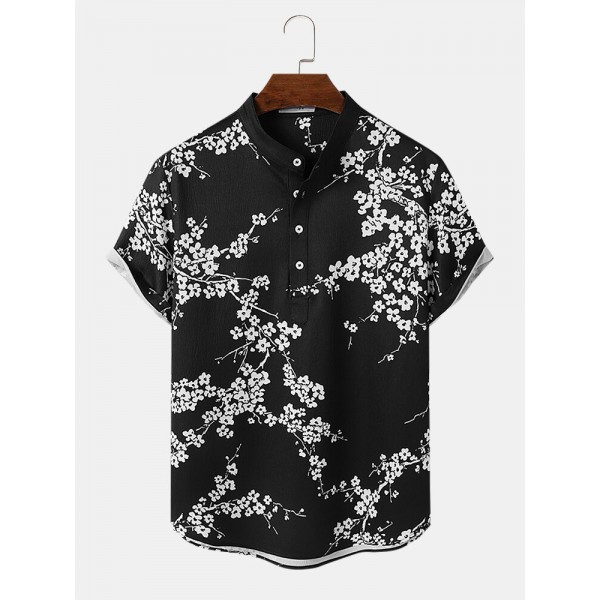 Mens Monochrome Floral Print Texture Short Sleeve Henley Shirts