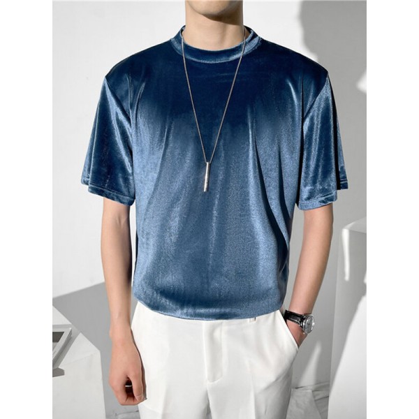 Men Velvet Round Neck Short Sleeve Loose Fit Trendy T-Shirt