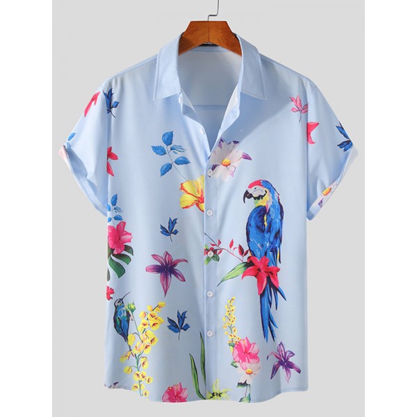 Men Birds & Flower Buttons Short Sleeve Lapel Casual Breathable Shirts