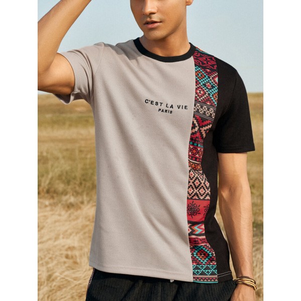 Mens Letter Ethnic Asymmetric Print Short Sleeve O Neck T-Shirts