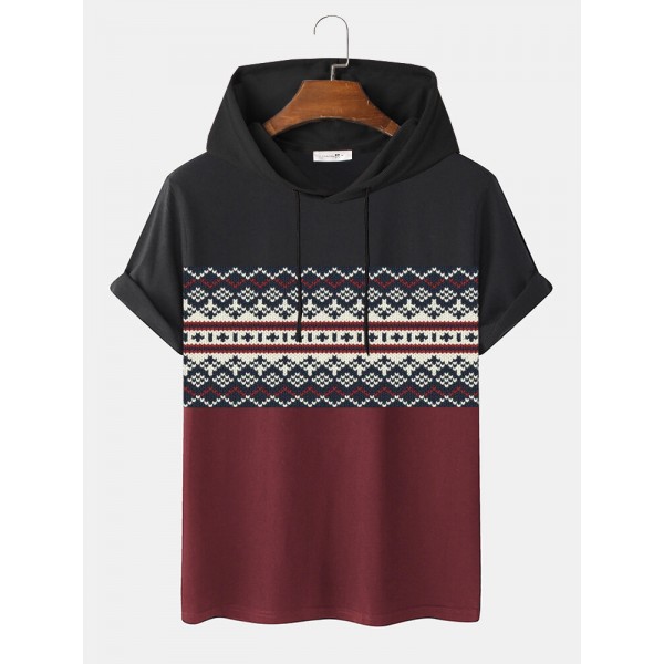 Mens Ethnic Pattern Hem Cuff Hooded T-Shirts