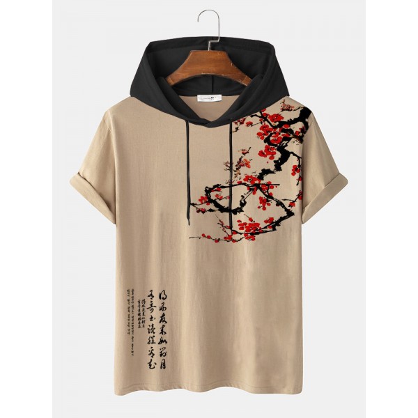 Mens Plum Bossom Character Print Contrast Short Sleeve Hooded T-Shirts-arrival notice-arrival notice