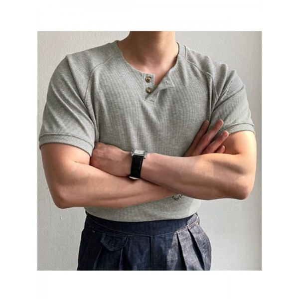 Mens Plain Two-button Short Sleeve Summer Casual T-Shirt