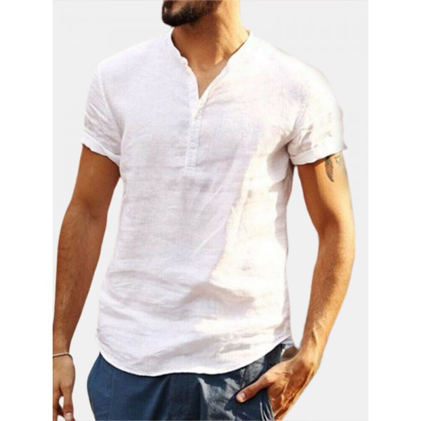 Men's Short Sleeve Collarless Neck T Shirts Beach Casual Cool Tops Blouse