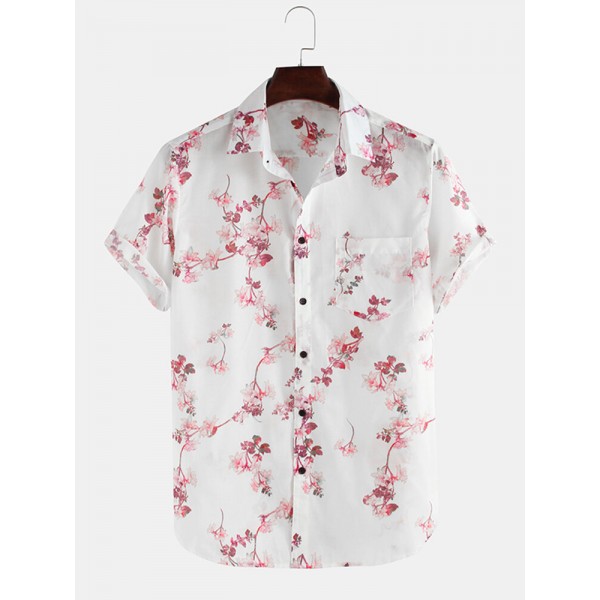 Mens Cherry Blossoms Floral Print Short Sleeve Casual Vacation Shirts