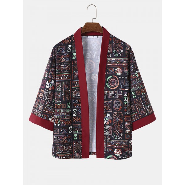 Mens Ethnic Tribal Geometric Print Contrast Trim Loose Kimono