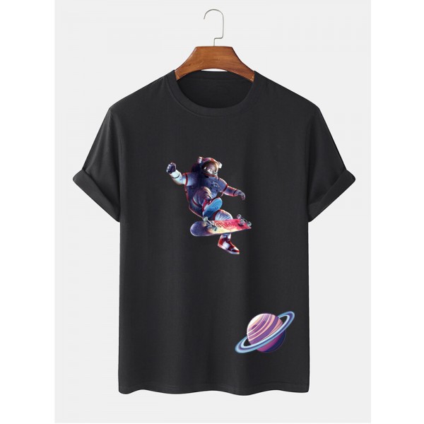 Mens Astronaut Planet Print Short Sleeve 100% Cotton T-Shirt