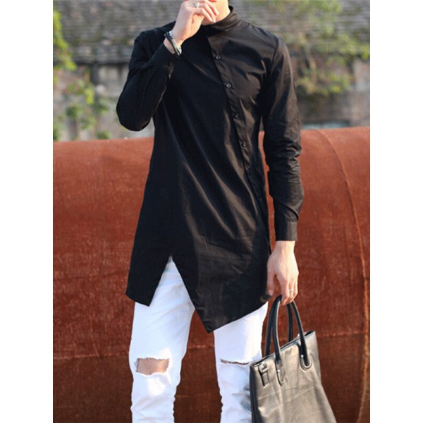 Men Solid Color Asymmetric Hem Long Sleeve Lapel Collar Shirt