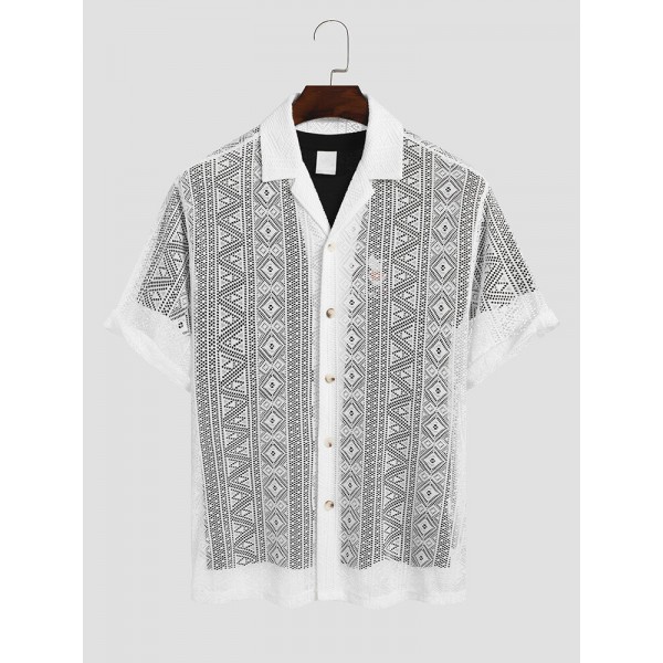 Mens Crochet Hollow Out Revere Collar Front Buttons Shirts