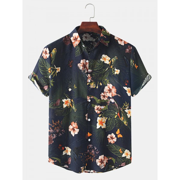 Mens Holiday Casual Floral Print Lapel Button Short Sleeve Shirt