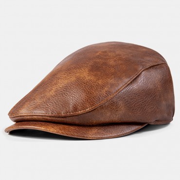 Men PU Leather Solid Color Absorb Sweat Breathable Beret Flat Cap Casual Warmth Newsboy Hat Forward Hat