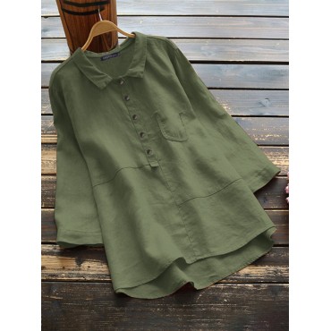 Women Cotton Solid Color High-Low聽Hem 3/4 Sleeve Button Casual Blouse