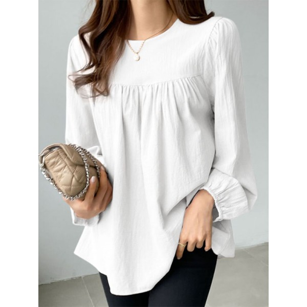 Solid Casual Keyhole Back Long Sleeve Crew Neck Blouse