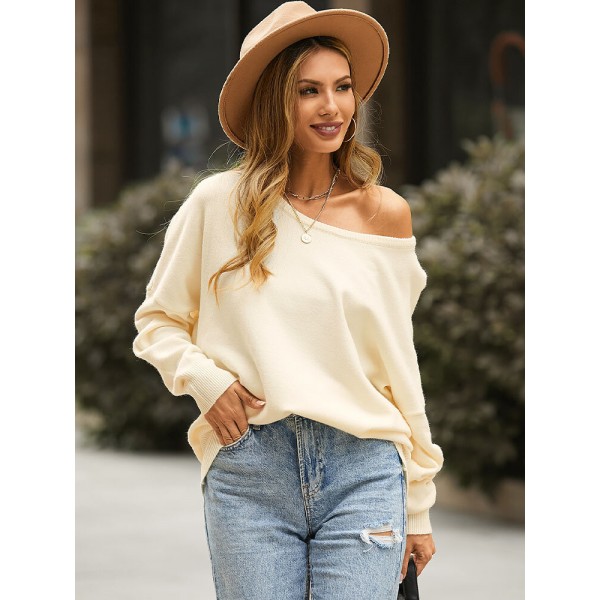 Solid Drop Shoulder Crew Neck Loose Soft Sweater