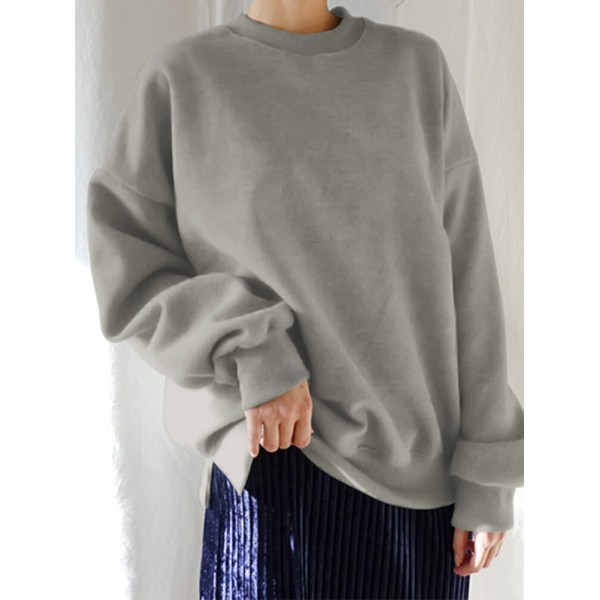 Women Solid Color Round Neck Puff Sleeve Narrow Cuff Long Sleeve Pullover Sweatshirt