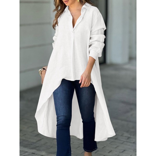 Solid High-low Hem Long Sleeve Lapel Blouse