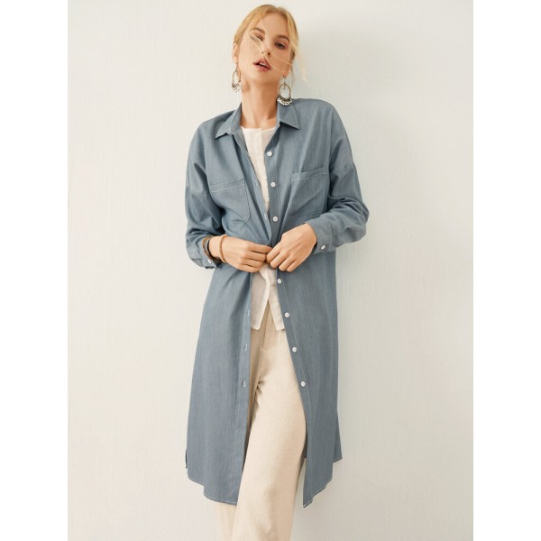 Solid Long Sleeve Pocket Slit Hem Lapel Button Long Shirt