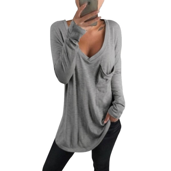 Women Casual V Neck Long Sleeve Loose Baggy Solid T Shirts With Pocket