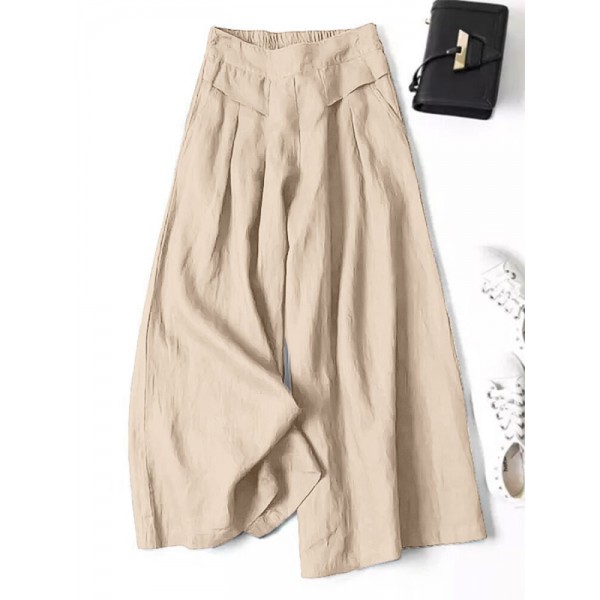 Women 100% Cotton Wide Leg Side Pockets Solid Color Ankle Length Elastic Waist Pants