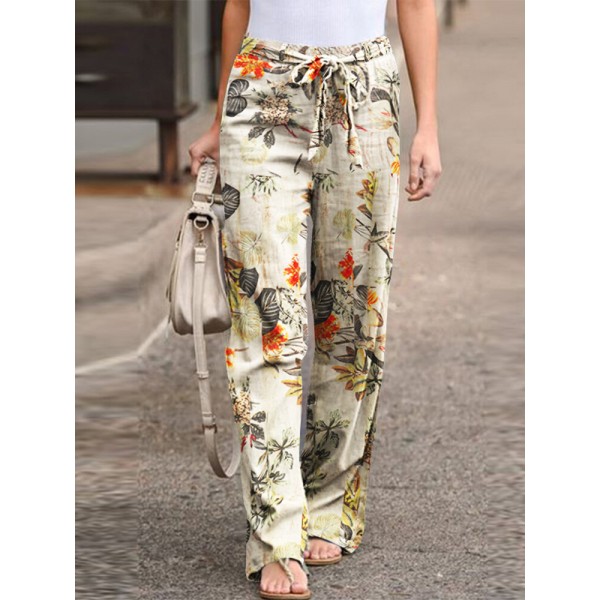 Women High Elastic Waist Floral Print Belted Side Pocket Vintage Pants