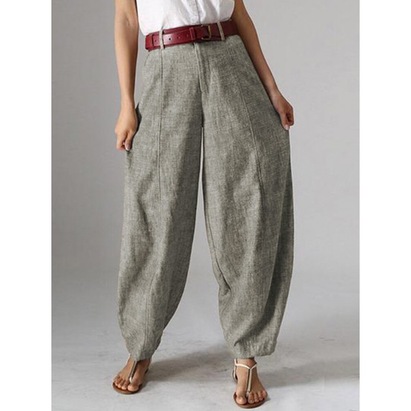 Women High Waist Button Solid Color Harem Pants with Pocket