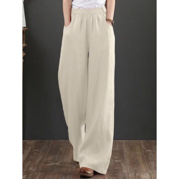 Women 100% Cotton Wide Legged Pleats Side Pocket Solid Casual Pants