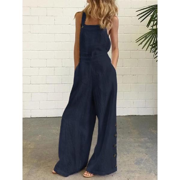 Women Cotton Solid Color Sleeveless Vintage Casual Wide-Leg Jumpsuit with Side Pockets