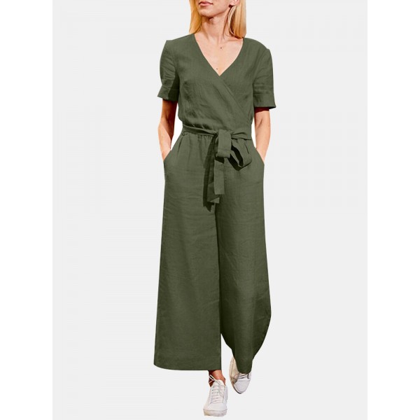 Solid Sash Pocket V Neck Casual Jumpsuit