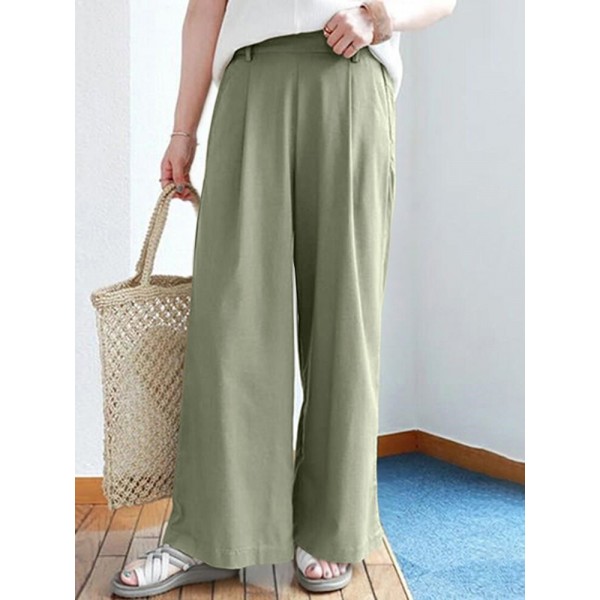 Solid Elastic Waist Back Pocket Wide Leg Loose Pants