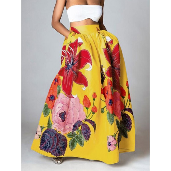 Women Floral Print Casual Elastic High Waisted Skirts With Pocket