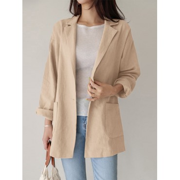 Women Plain Turn-Down Collar Casual Stylish Long Sleeve Blazer With Pockets