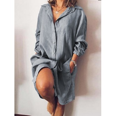 Women Long Sleeve V-neck Button Pocket Dress