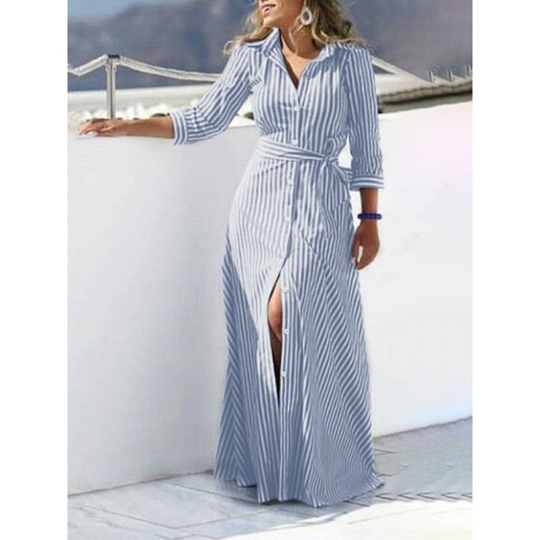 Women 100% Cotton Classical Striped Print Lapel Button Front Lace-Up Casual Shirt Dress